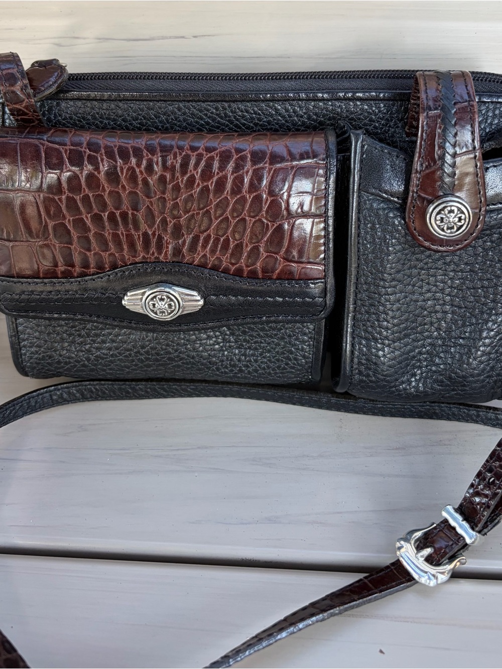Brighton Black Pebbled Leather & Brown Croc-Accents Mini Crossbody Organizer Bag
